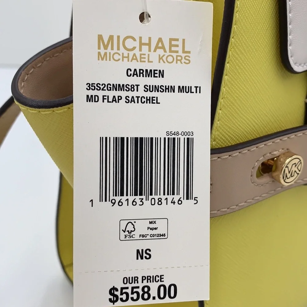 MICHAEL KORS Carmen Medium Faux Leather Belted Satchel SUNSHINE MULTI COLOR
